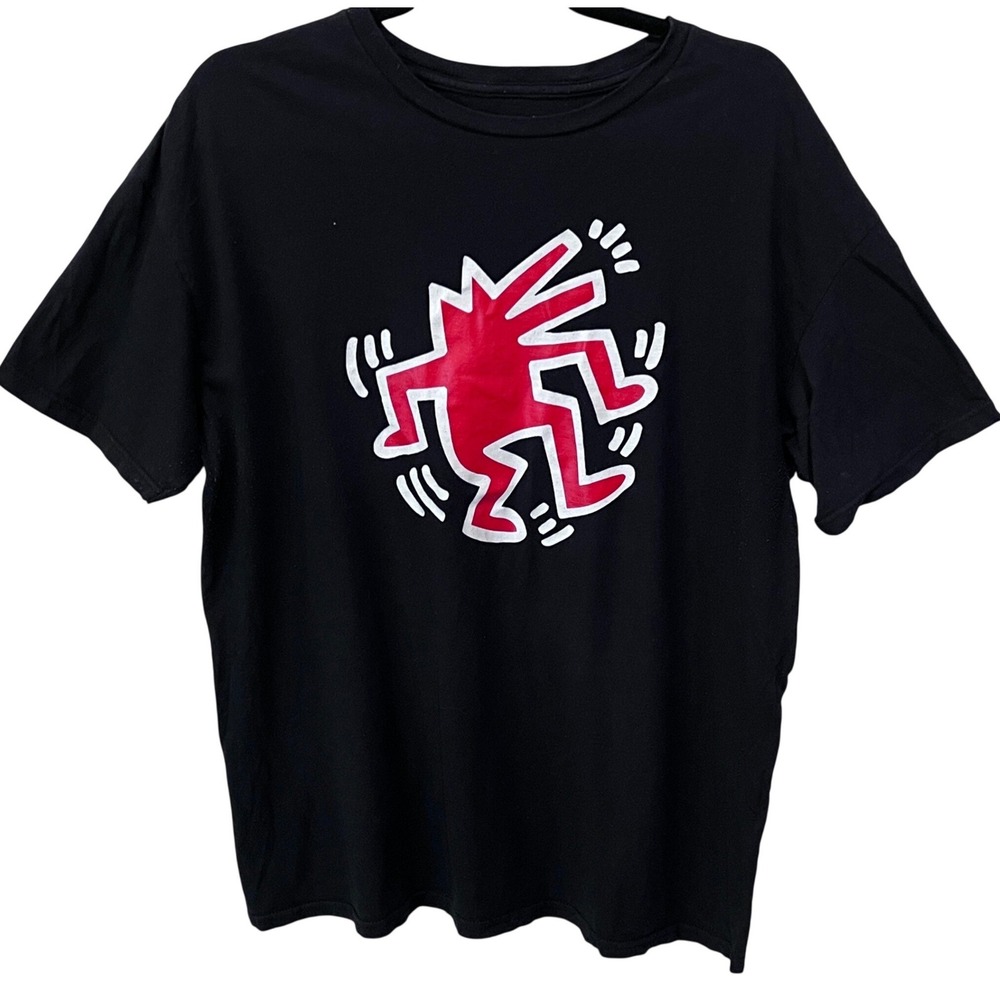 Keith Haring Mens XL Black Graphic T-Shirt Red Barking Dog Isaac Morris Ltd READ